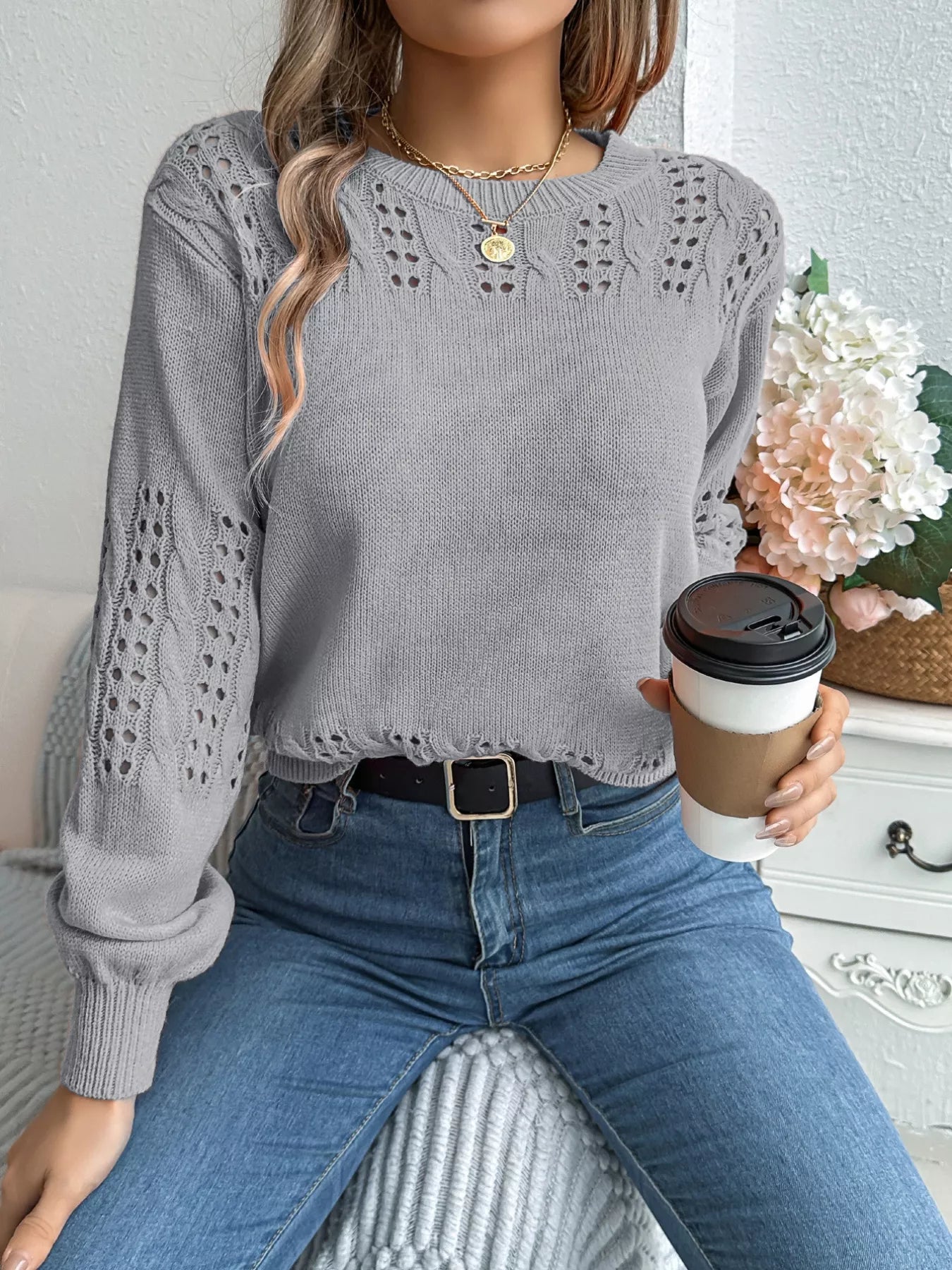 Hollow Out Eyelet Long Sleeve Sweater 