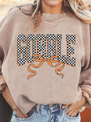 Twisted Ribbed Texture Checkered GOBBLE Bow Baggy Sweatshirt 