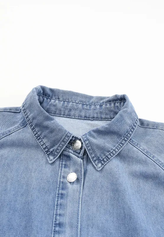 Distressed Collared Neck Flounce Sleeve Denim Dress 