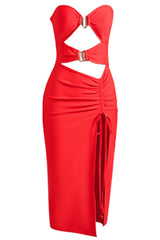 Cutout Strapless Drawstring Detail Split Bandage Dress 