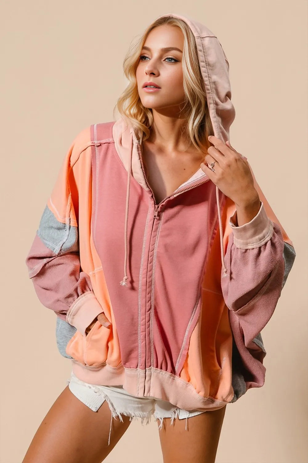 Double Take Full Size Color Block Zip Up Hoodie 