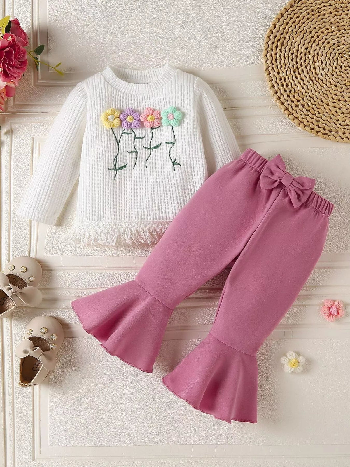 Children's Floral Applique Ribbed Top & Flare Leg Pants Set 