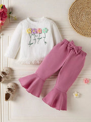 Children's Floral Applique Ribbed Top & Flare Leg Pants Set 