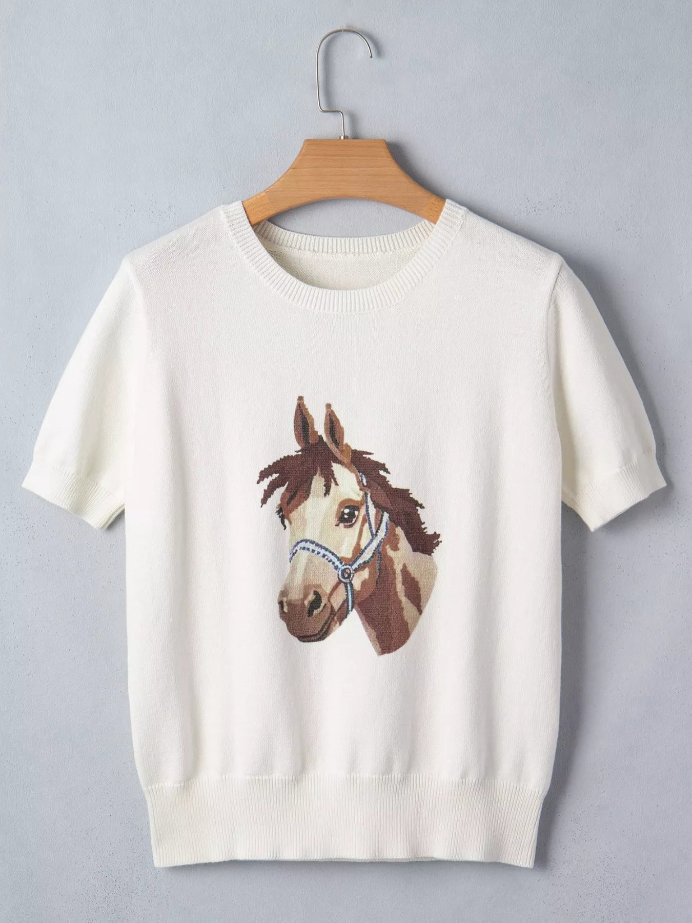 Wild West Horse Head Printed Short Sleeve Sweater 