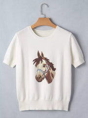 Wild West Horse Head Printed Short Sleeve Sweater 