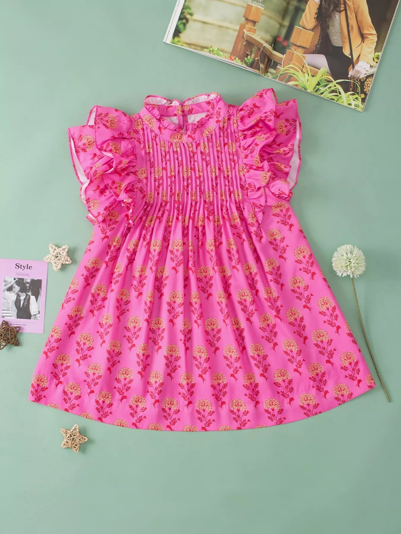 Floral Print Pleated Ruffled Flutter Sleeve Blouse 