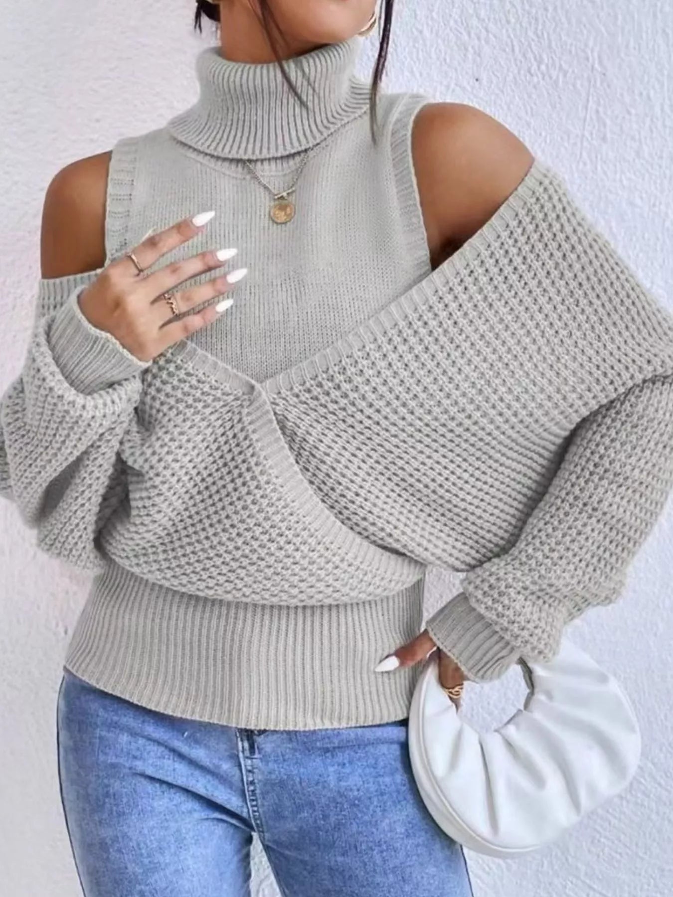 Waffle Knit Cold Shoulder Turtleneck Sweater 