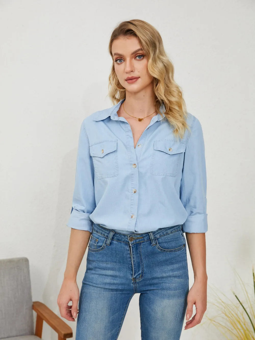 Pocketed Button Up Long Sleeve Denim Shirt 
