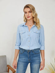 Pocketed Button Up Long Sleeve Denim Shirt 