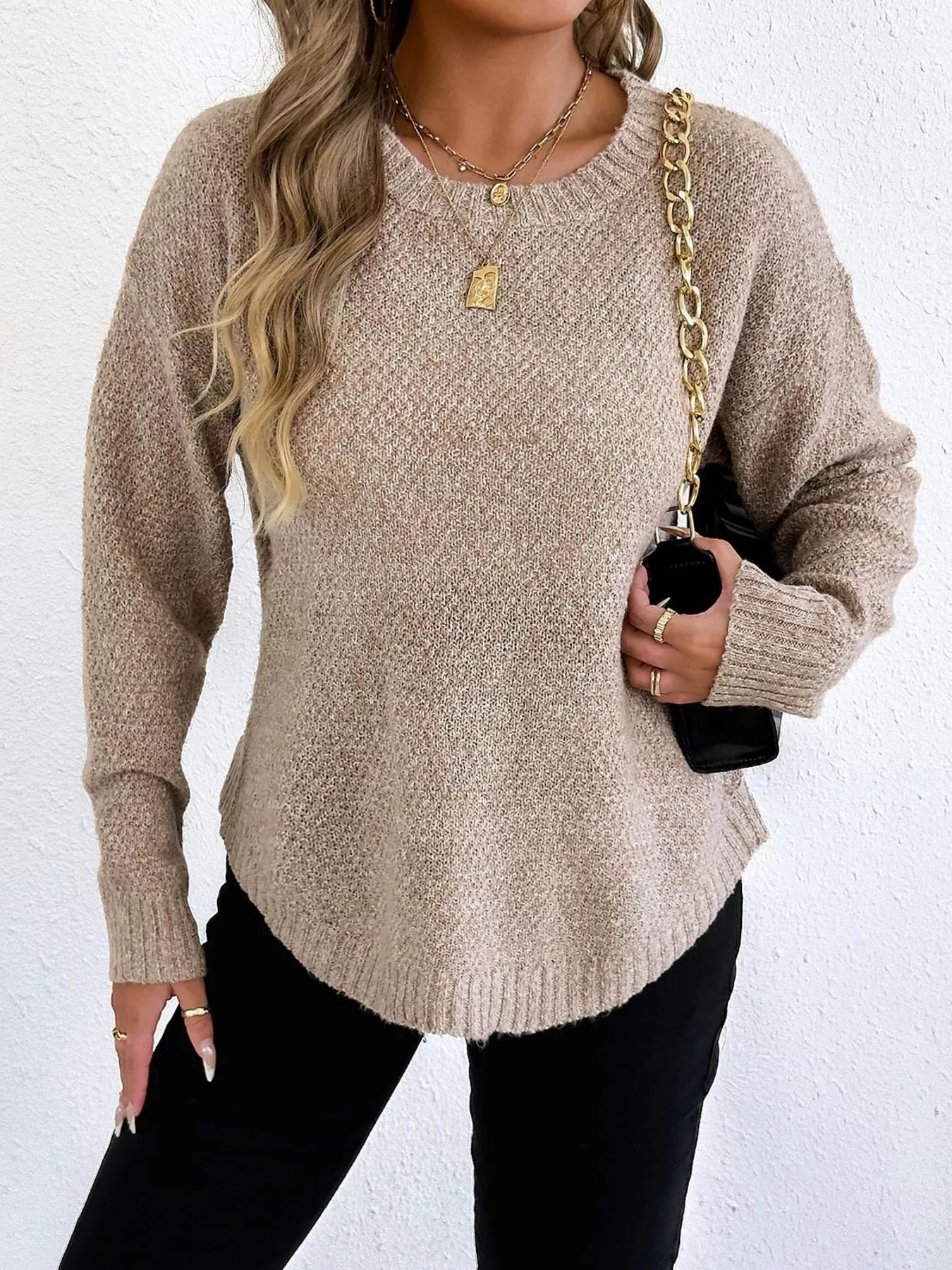 Textured Knit Relaxed Fit Round Neck Sweater 