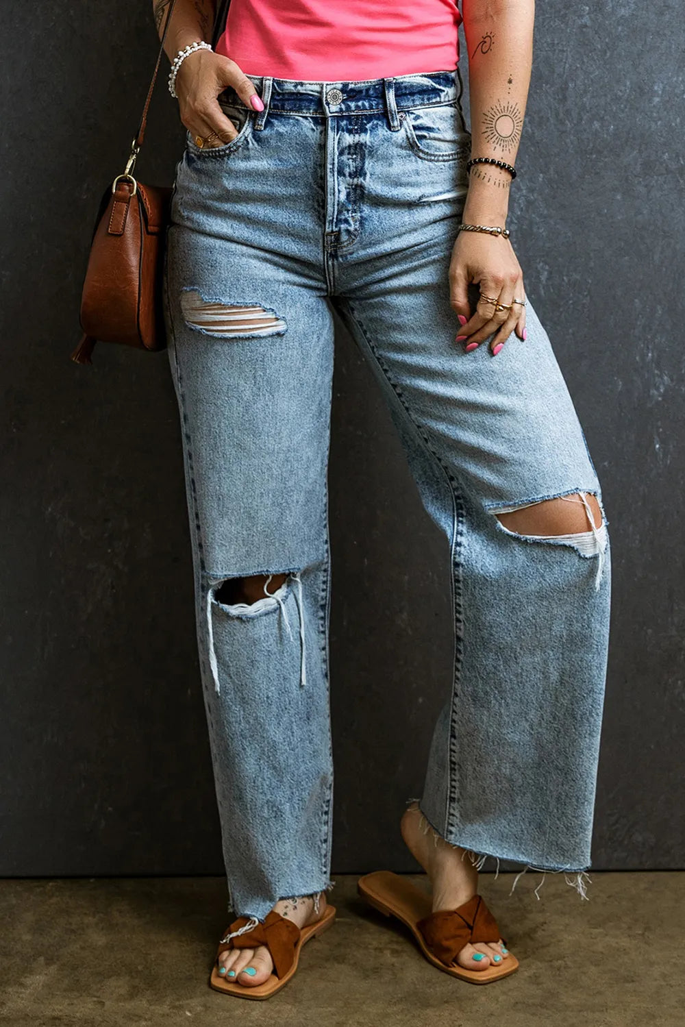 Distressed Raw Hem Straight Jeans 