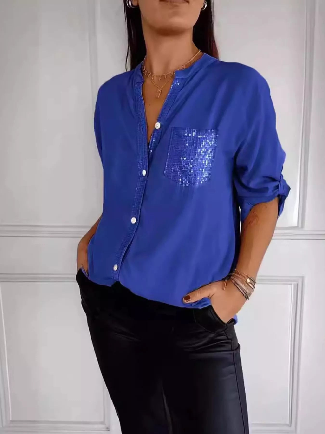 Full Size Sequin Detail Button-Down Shirt Plus Size 