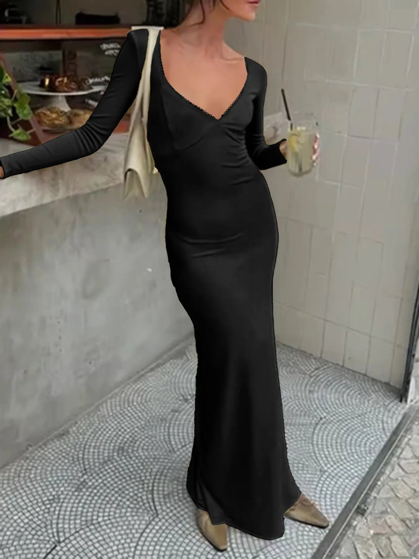 Deep-V Long Sleeve Slim Maxi Dress 