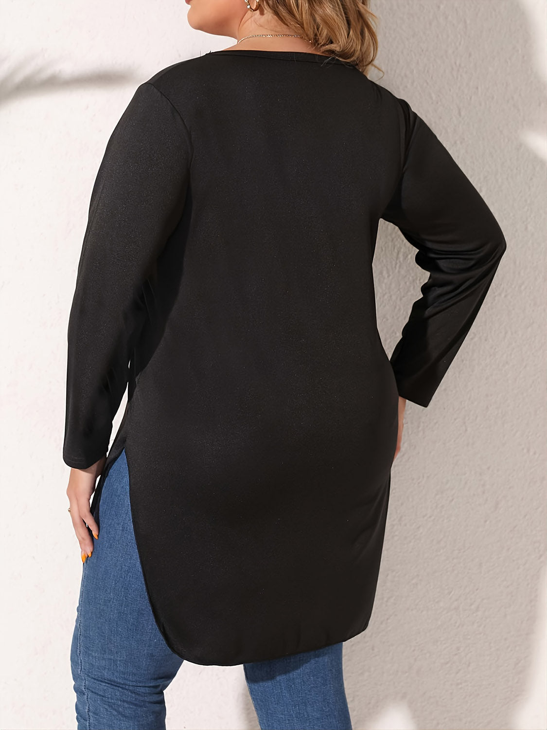 Plus Size Slit Long Sleeve T-Shirt 