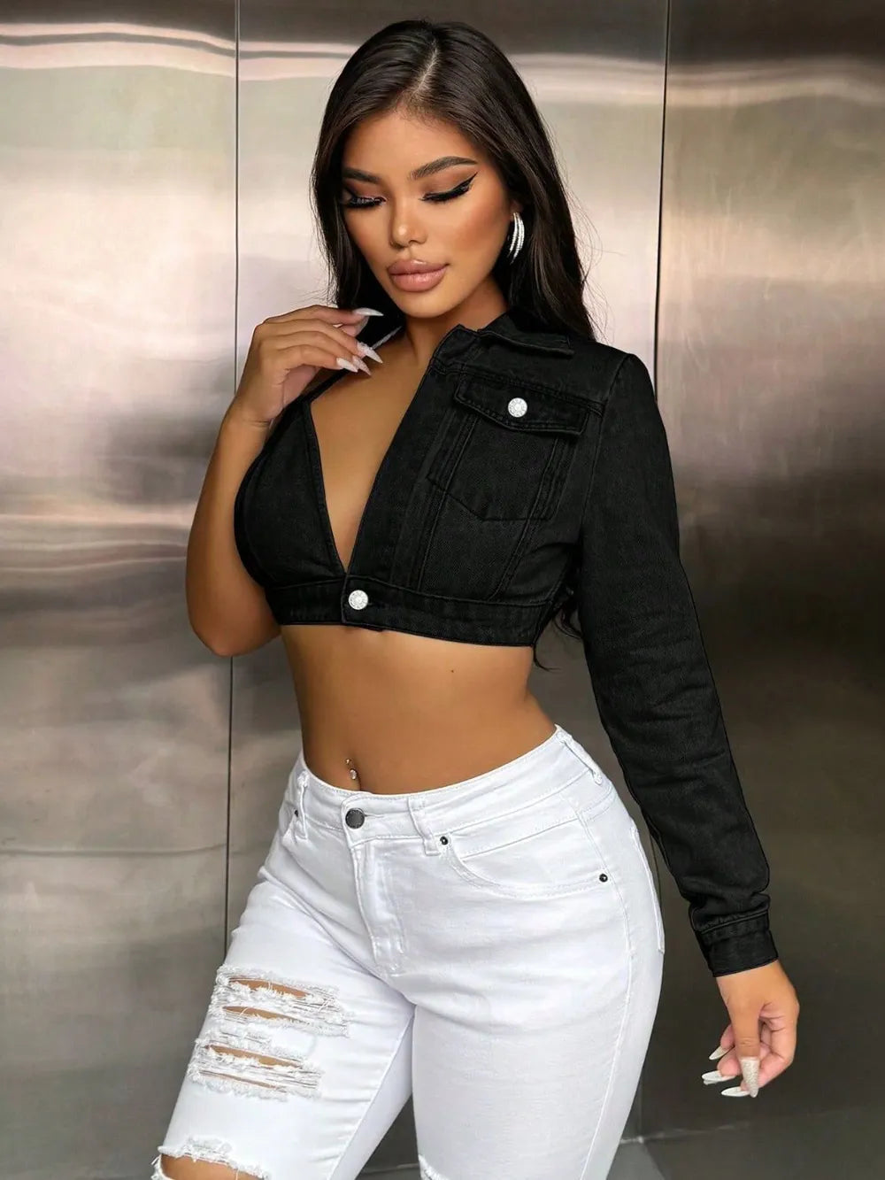 One Shoulder Long Sleeve Cropped Denim Top 