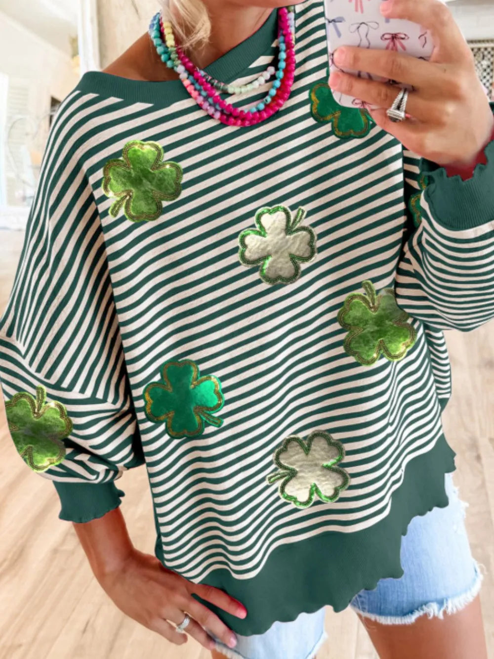 Stripe Lucky Clover Drop Shoulder Sweatshirt 