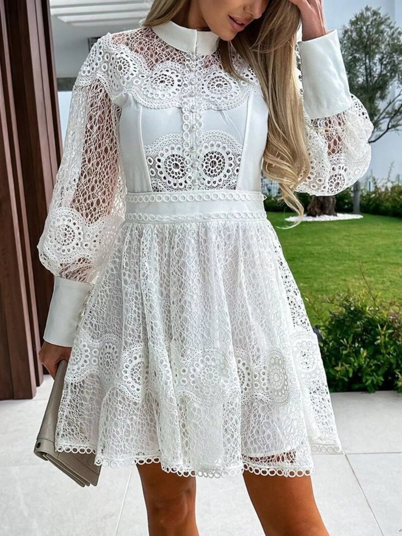 Lace Lantern Sleeve Mini Dress 