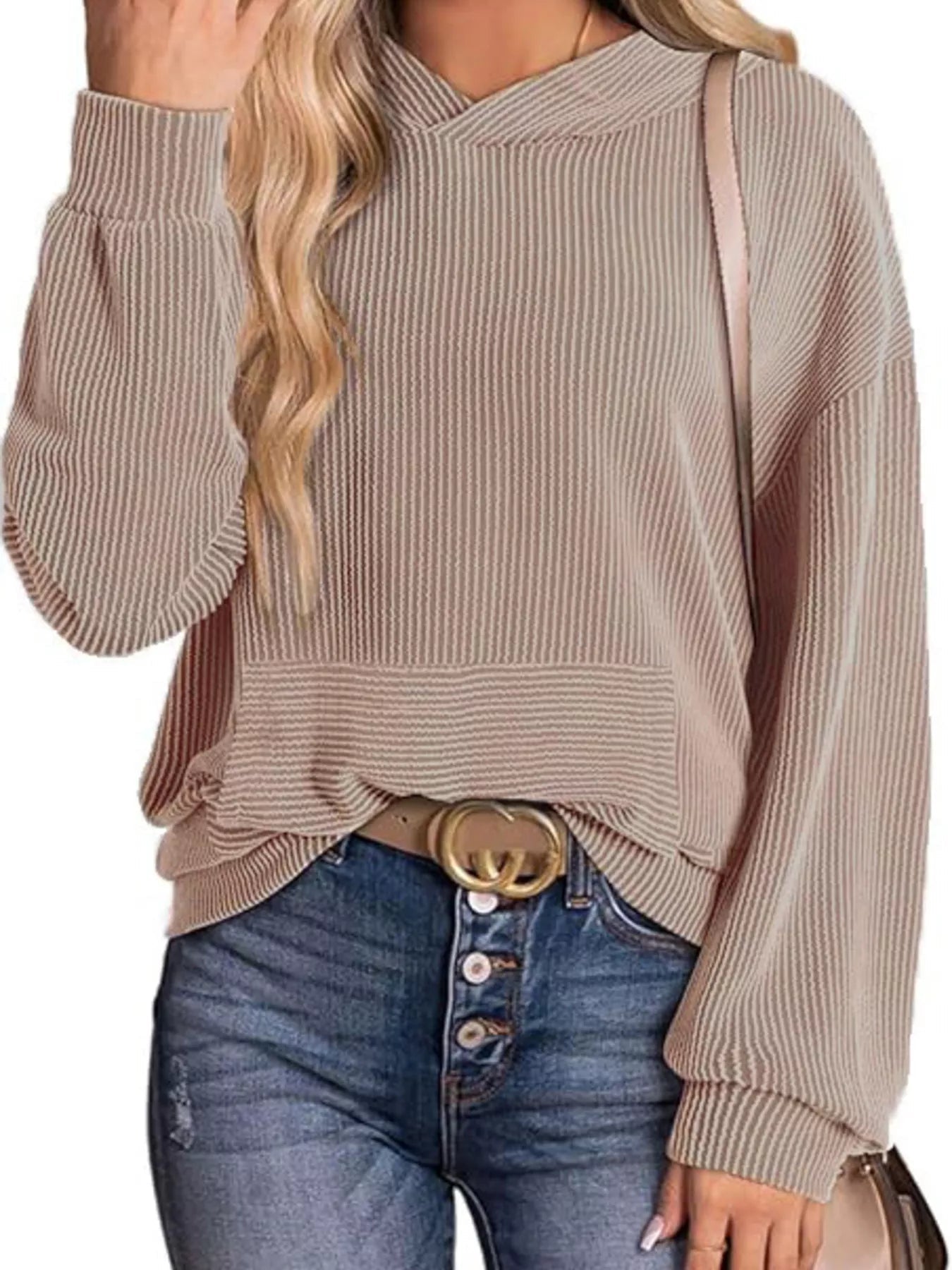 Ribbed Oversized Hoodie Sweatshirt with Pocket 
