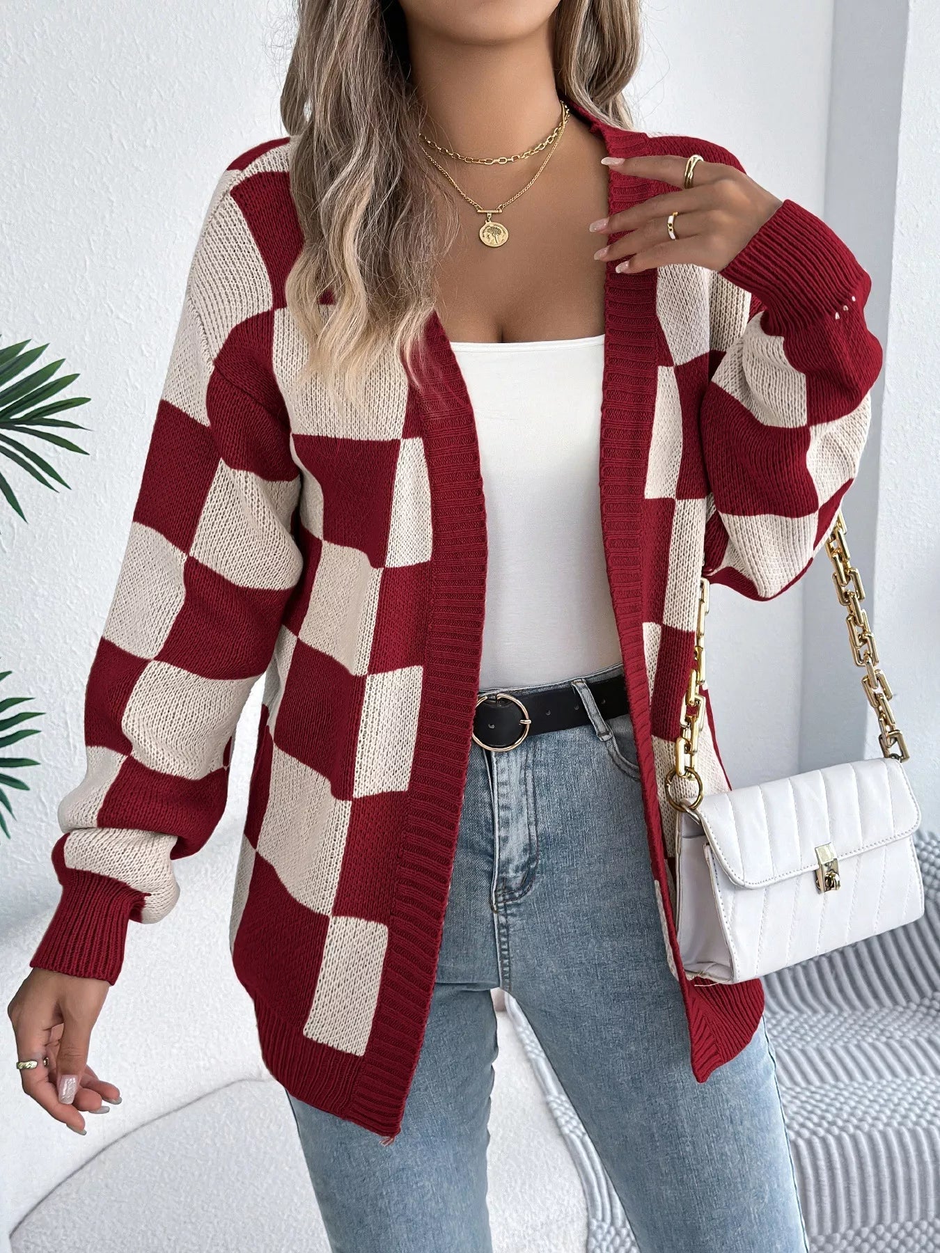 Checkered Pattern Open Front Cardigan 