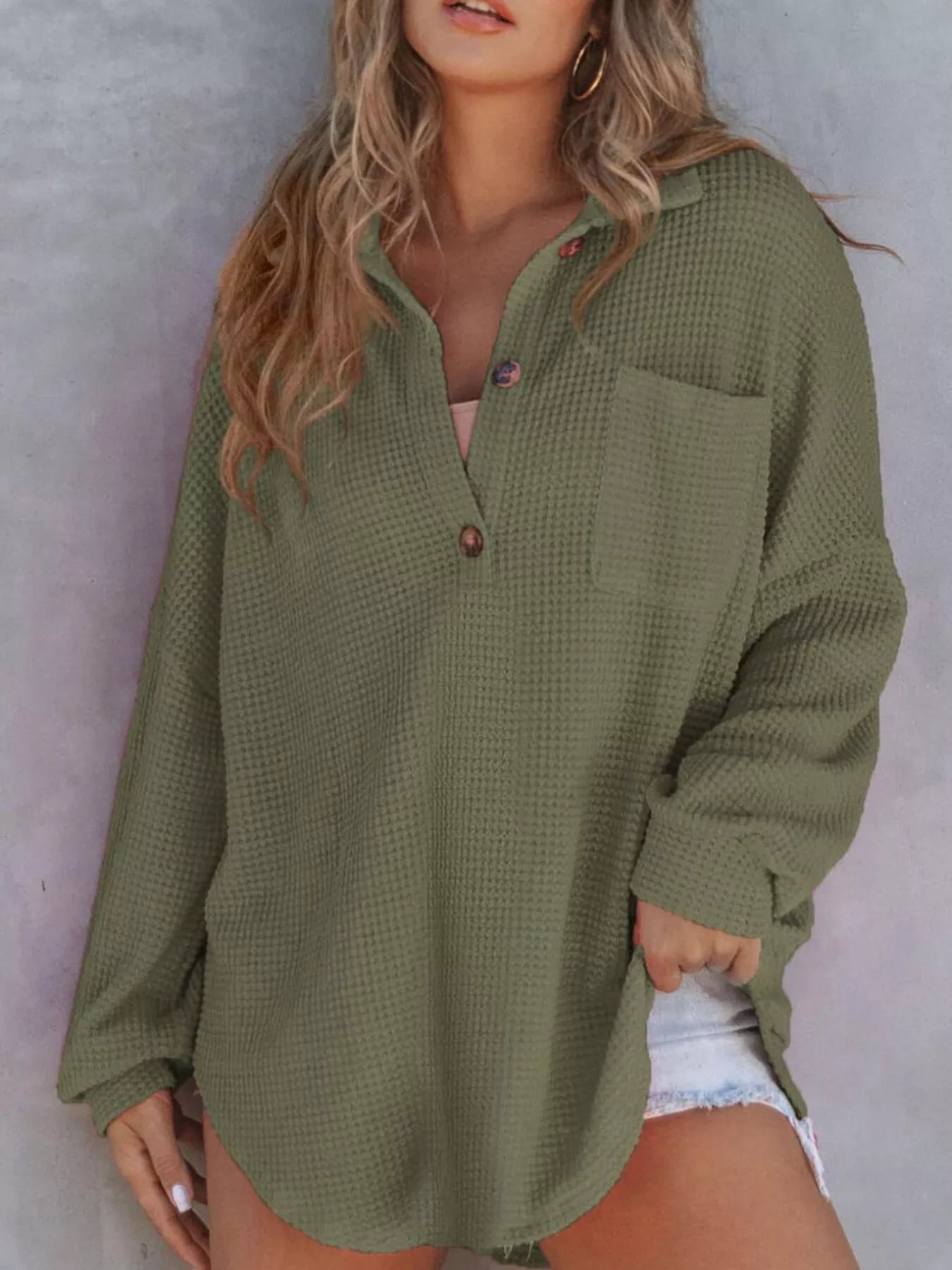 Casual Waffle Knit Button Detail Blouse 