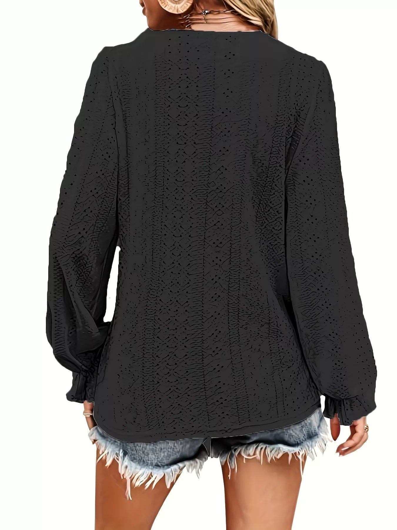 Plus Size Eyelet V-Neck Flounce Sleeve Blouse 