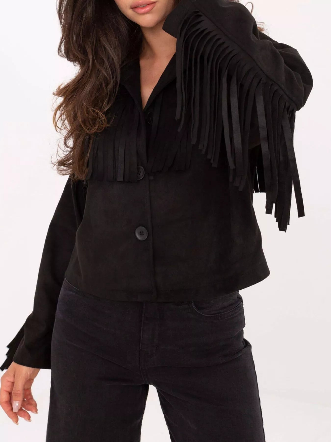 Fringe Button Up Suede Jacket 
