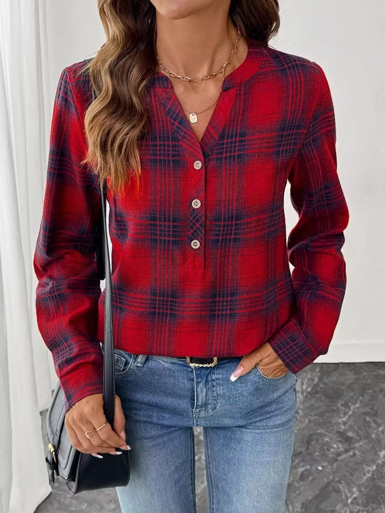 Plaid Half Button Long Sleeve Blouse 