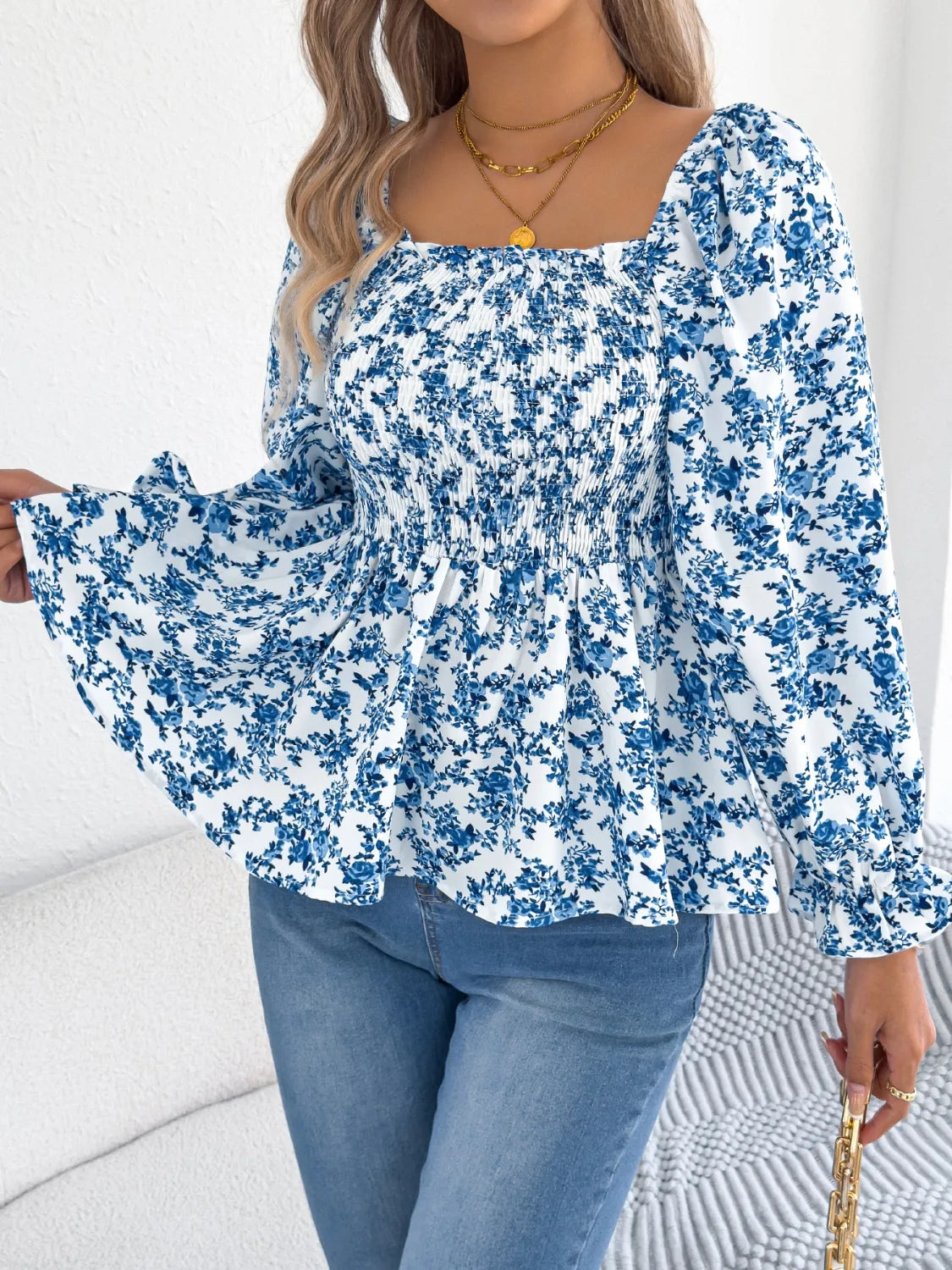 Floral Square Neck Flounce Sleeve Blouse 