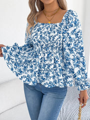 Floral Square Neck Flounce Sleeve Blouse 