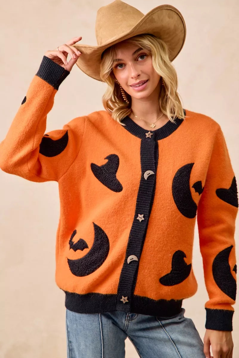 BiBi Halloween Witch Hat Moon Bat Artwork Cardigan 