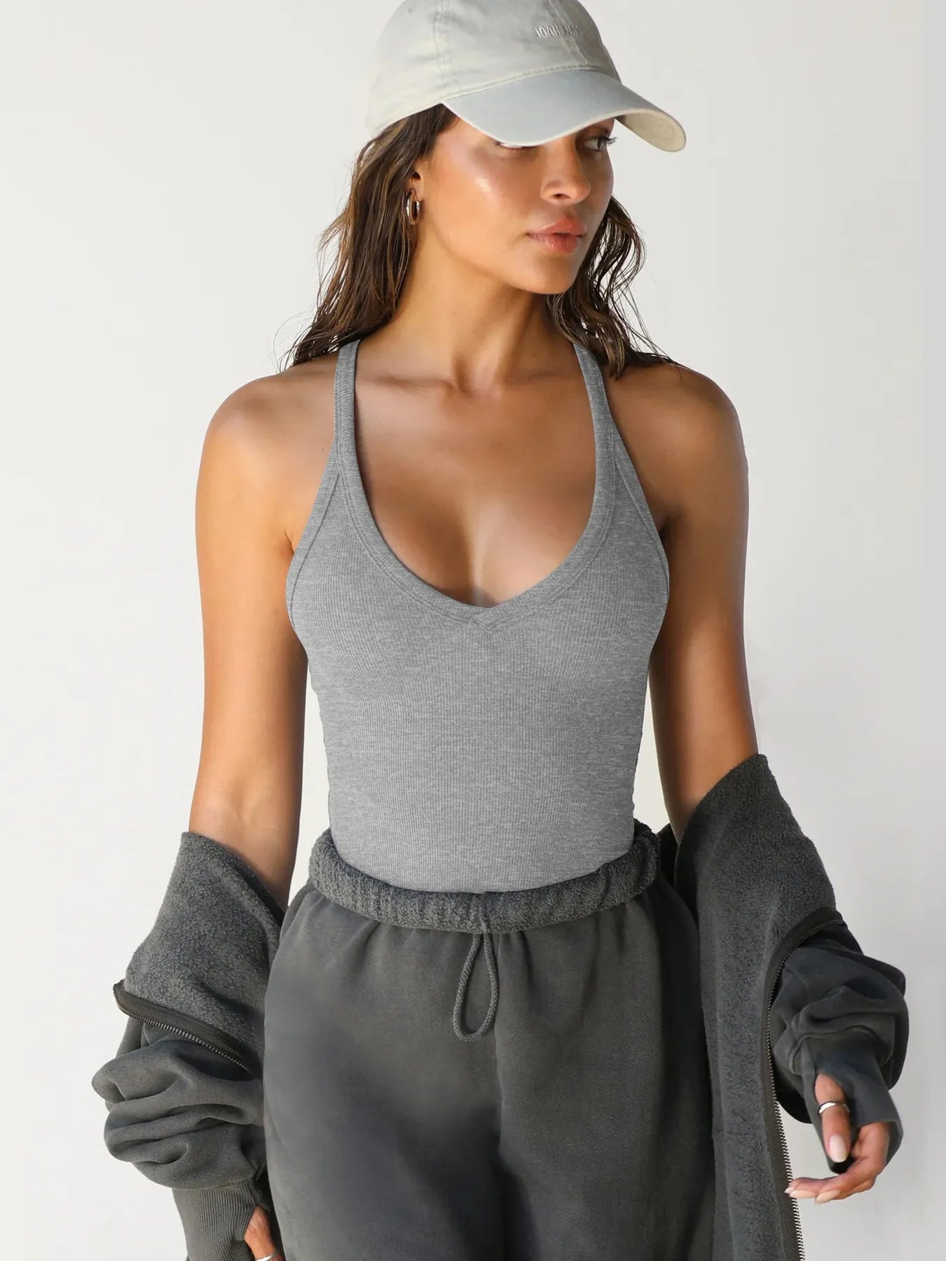 Ribbed V-Neck Halter Tank Top 