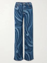 Water Ripples Print Wide Leg Jeans 