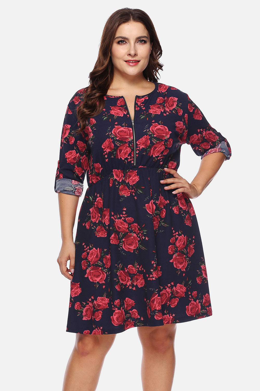 Plus Size Floral Print Half Zip Up Dress 