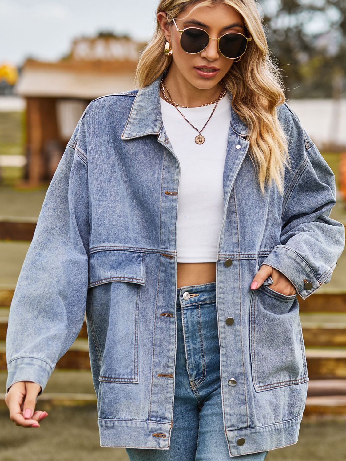 Dropped Shoulder Denim Jacket with Pockets 