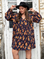 Plus Size Floral V-Neck Balloon Sleeve Dress 