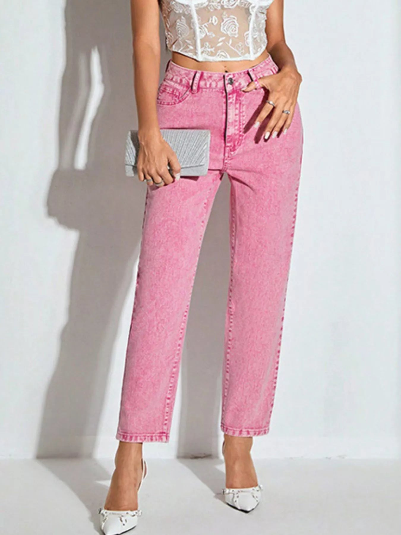 High-Waisted Wash Straight Leg Jeans 