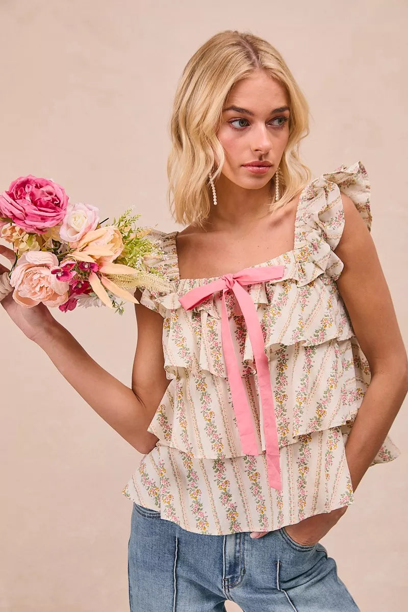 BiBi Floral Printed Woven Front Bow Tied Ruffled Square Neck Sleeveless Top 