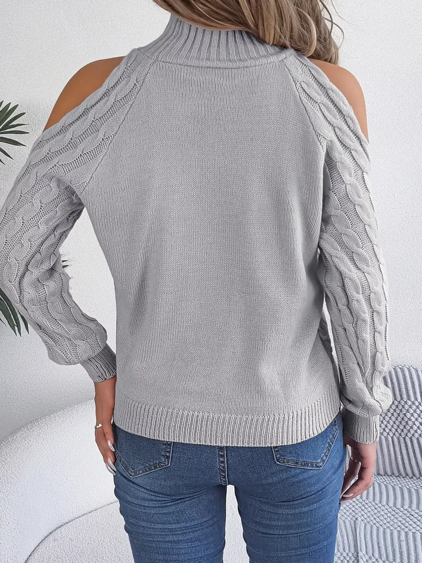 Cable Knit Cold Shoulder Turtleneck Sweater 