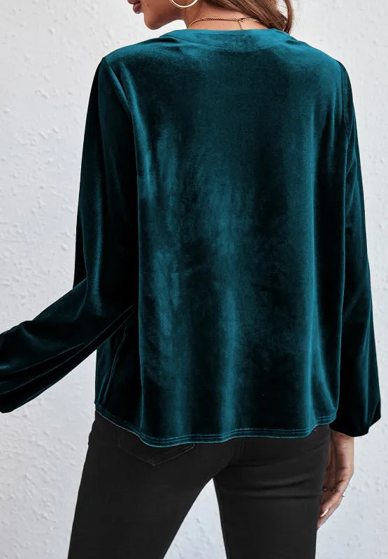Notched Long Sleeve Velvet Top 