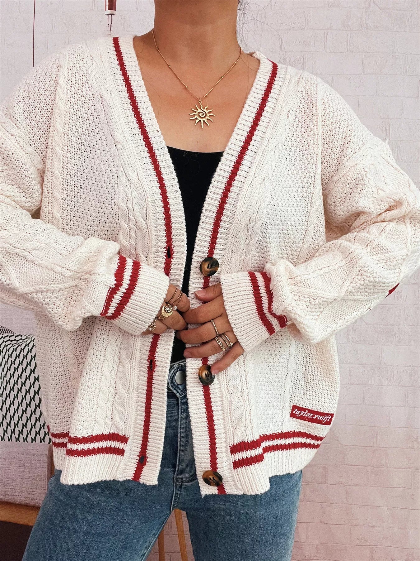 Star Pattern Button-Up Cardigan with Contrast Trim 