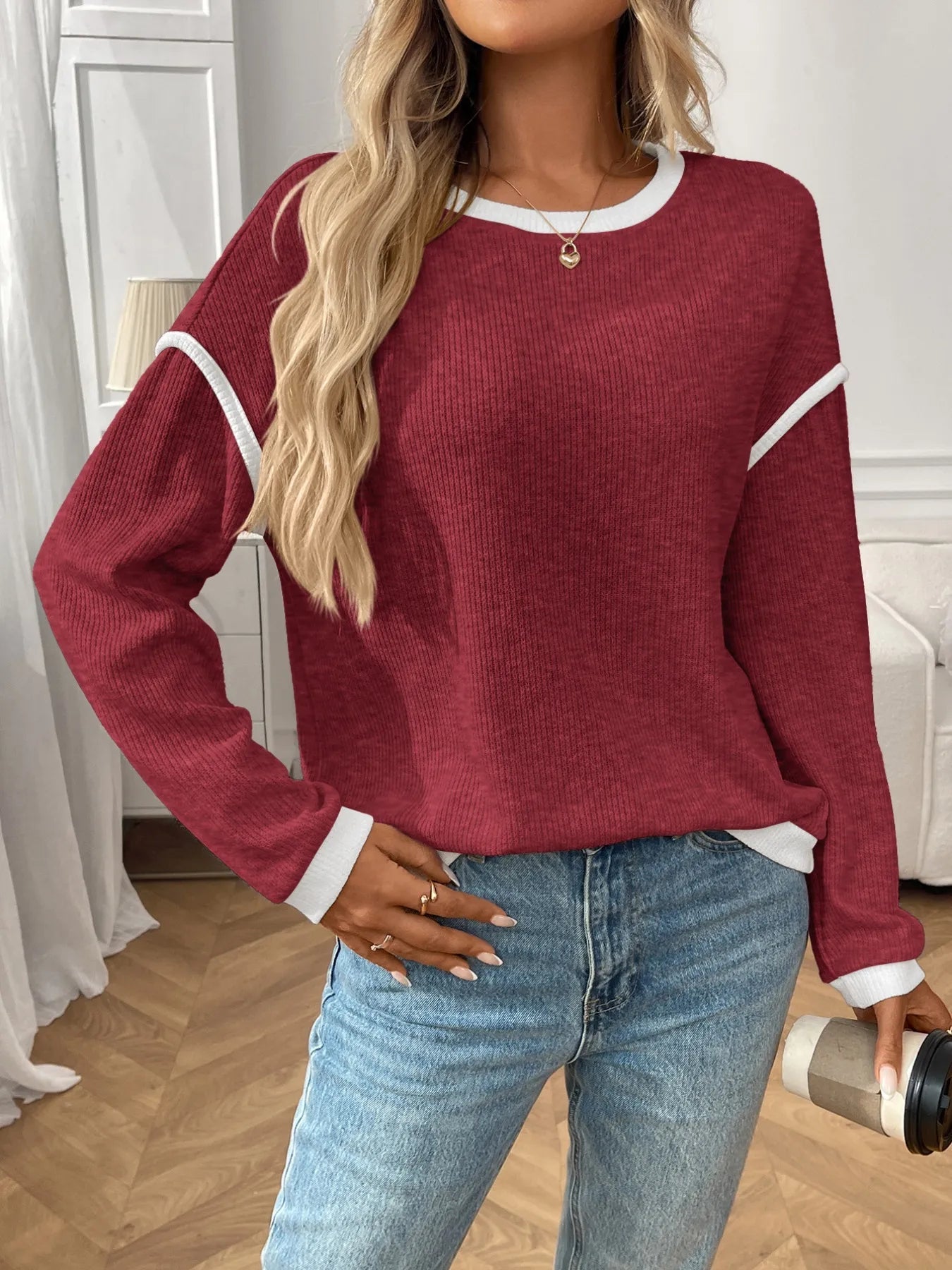 Ribbed Contrast Trim Long Sleeve Top 