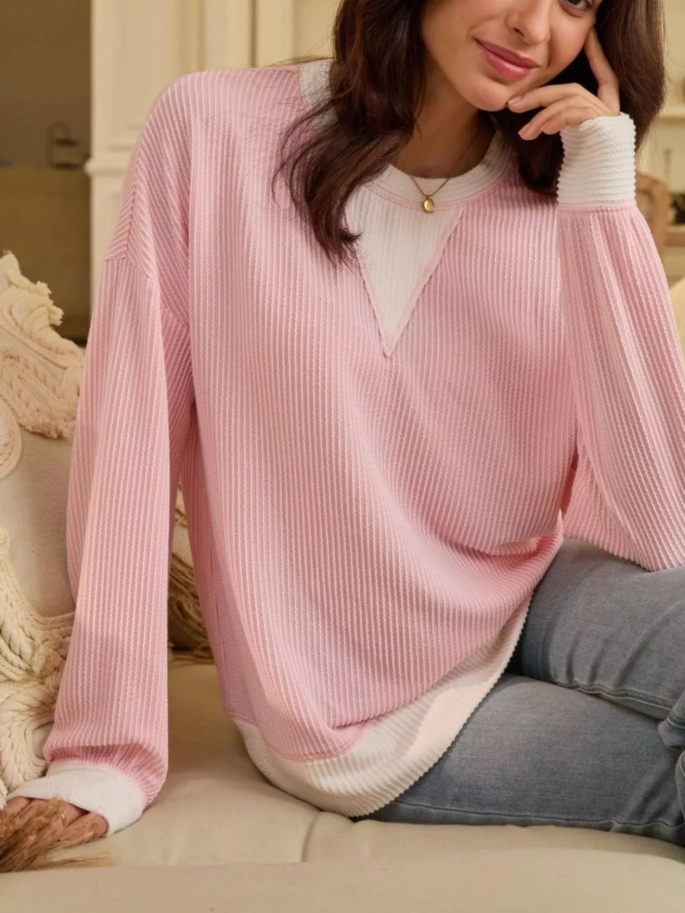 Two-Tone Ribbed Knit Sweatshirt 