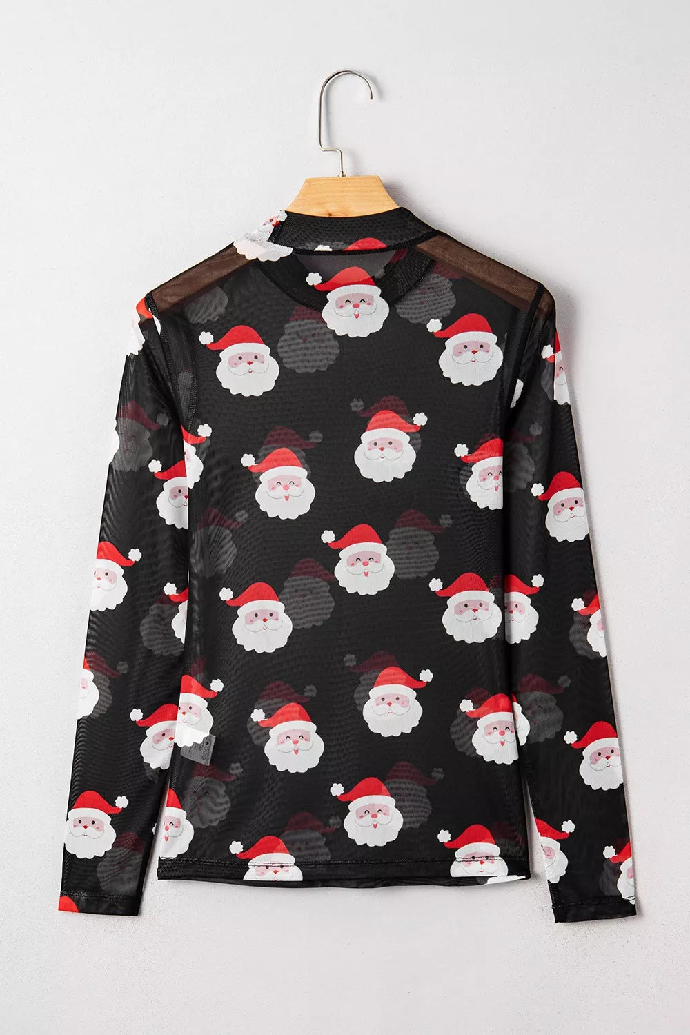 Christmas Santa Print Mesh Long Sleeve Top 