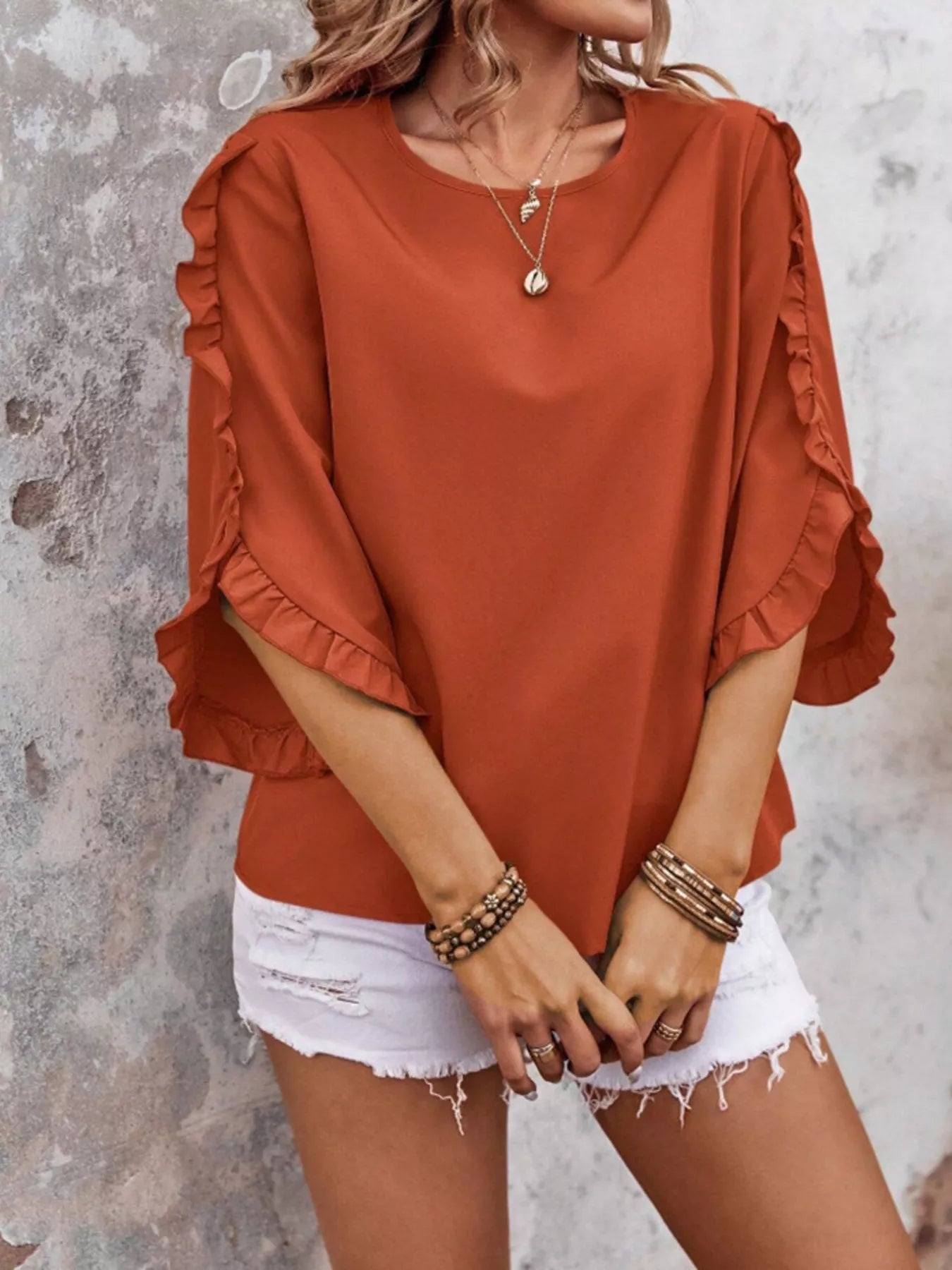 Ruffle Sleeve Solid Color Blouse 