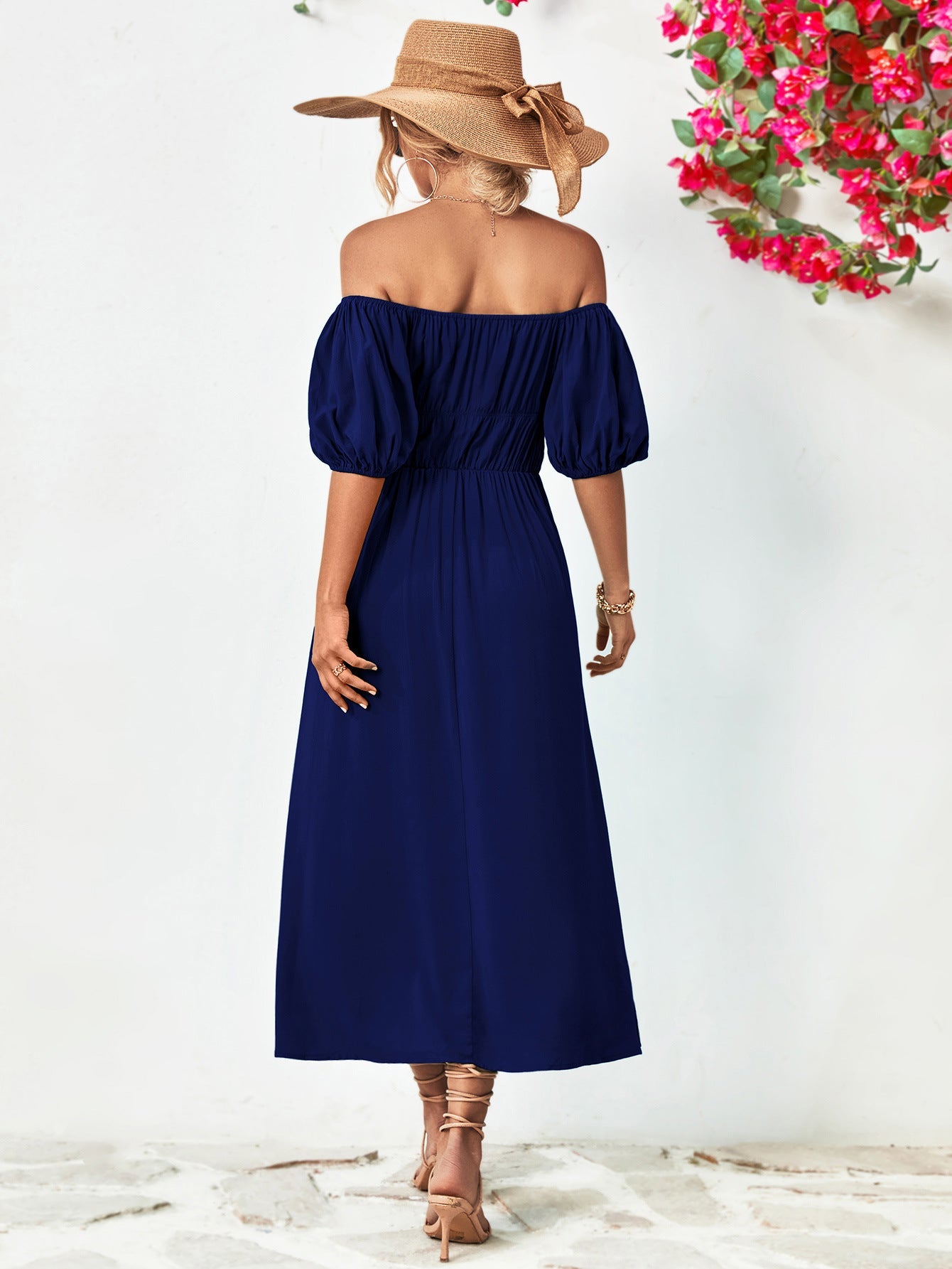 Off-Shoulder Balloon Sleeve Midi Dress 