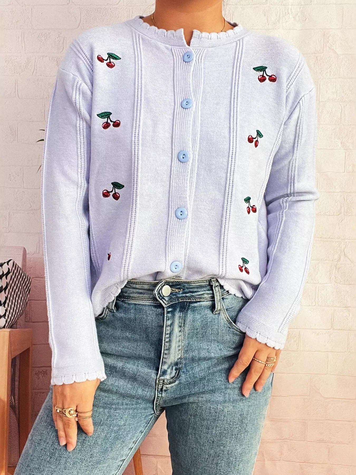 Cherry Embroidered Button Up Cardigan 