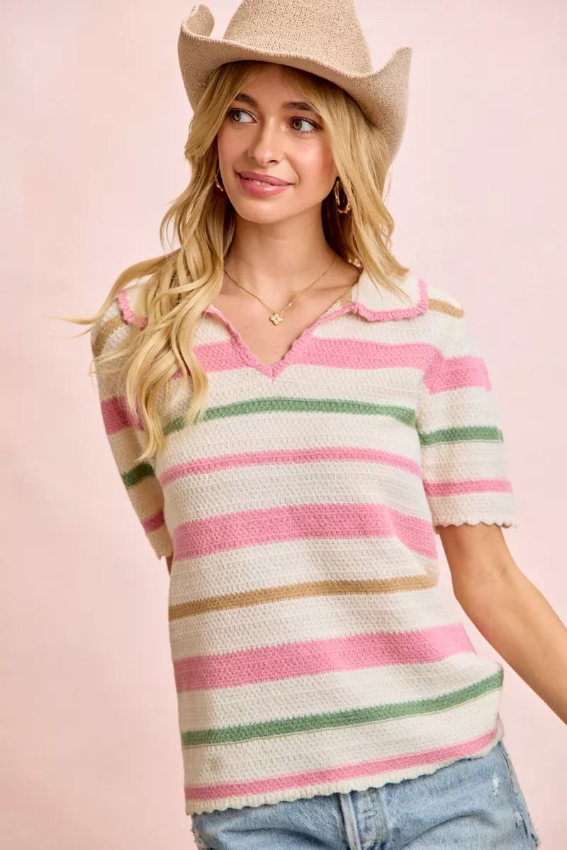 BiBi Multi Colors Stripes Collared Knit Top 