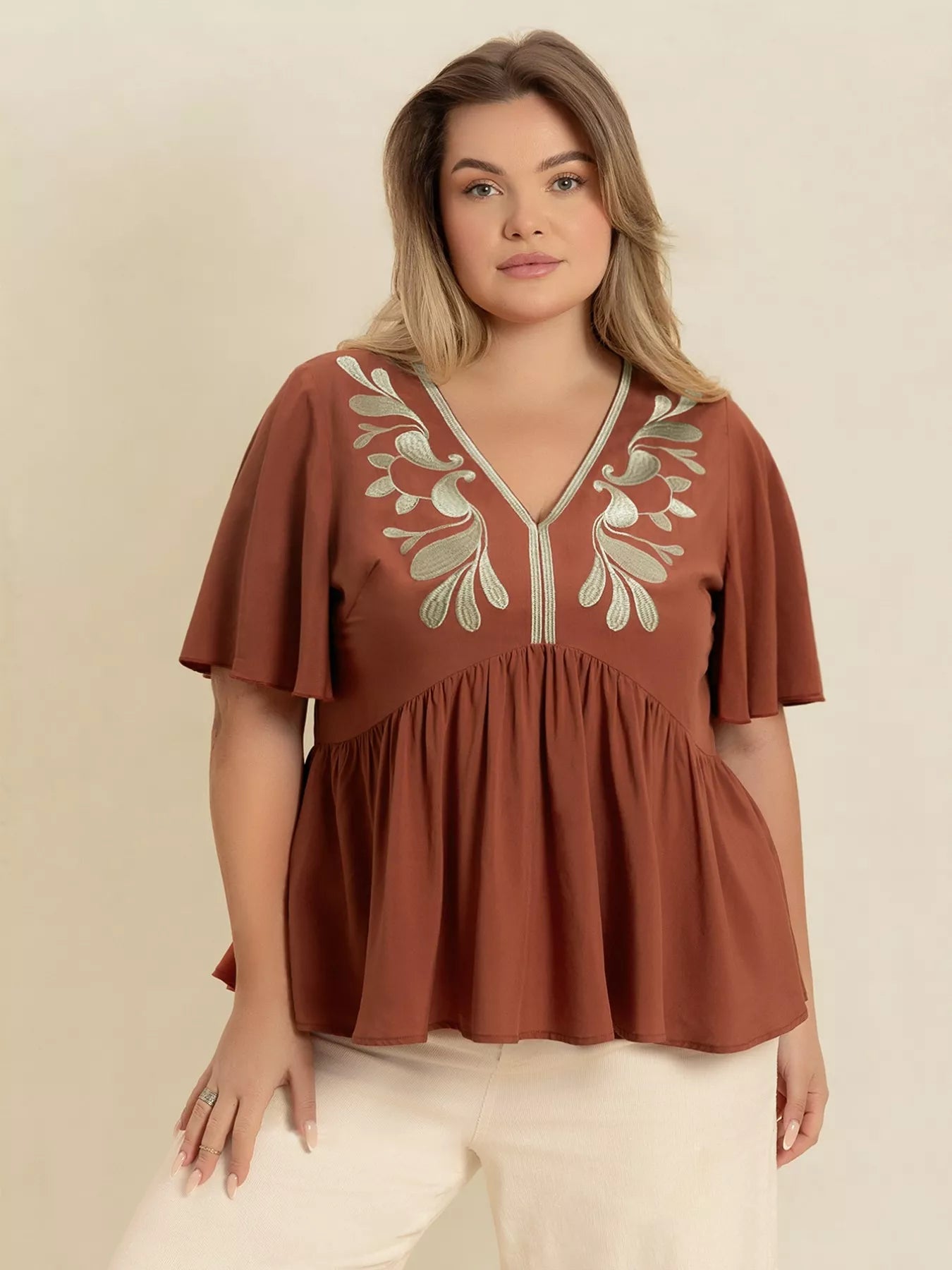 Plus Size Embroidered V-Neck Flutter Sleeve Blouse 