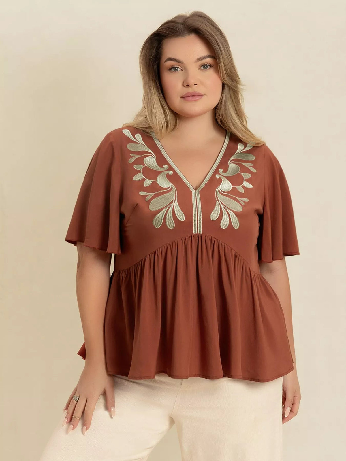 Plus Size Embroidered V-Neck Flutter Sleeve Blouse 