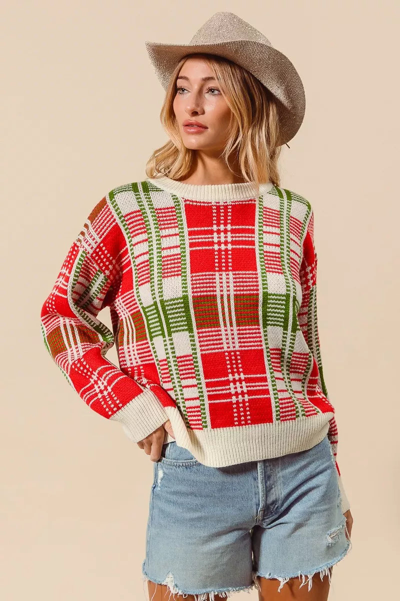 SO ME Christmas Color Checkered Plaid Crew Neck Sweater 